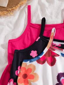 SHEIN Playful Pals Bộ 3 món đồ chơi mùa hè mới 2025 cho bé gái, áo liền quần và quần short in hoa và màu trơn, phong cách tối giản, thời trang cho kỳ nghỉ. - Nhiều màu - Xem 7