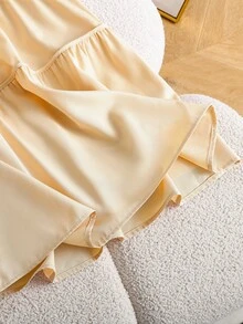 GlowEve Women's Elegant Solid Color Round Neck Ruffle Hem Short Dress, Summer - Apricot - View 5