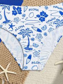 SHEIN 少女比基尼套装，可爱蓝色椰子树、五瓣花、叶子、贝壳、水流线、小船、字母、柠檬片印花，针织面料，细肩带，纯蓝色露脐上衣，印花常规泳裤，三件套泳衣，时尚休闲优雅，适合游泳、夏季、海滩、泳池、度假、假日 - 藍色 - 查看 5