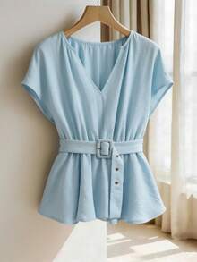 Franclia Women's Summer Solid Color V-Neck Cinched Waist Blouse Blouse With Belt Blouses For Women New Elegant Casual - Baby Blue - View 6