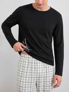 Cottnline Men's Casual Printed Long Sleeve T-Shirt And Pants Pajama Set - Black - View 4