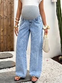 SHEIN Maternity Knit Belly Support Blue Denim Loose Straight Leg Pants Summer Carnival Costume Commuting Vacation Graduation Chic Y2k Cute Streetwear Coquette Party Wedding Elegant Business Casual Woman Business Beach Graduation Daisy Print Maternity Jeans Light Wash Denim Wide Leg For Expectant Mothers - Blue - View 8