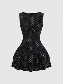 Sweetra 春夏法式复古波点浪漫无袖收腰双层荷叶边下摆优雅通勤连衣裙 - 黑色 - 查看 1