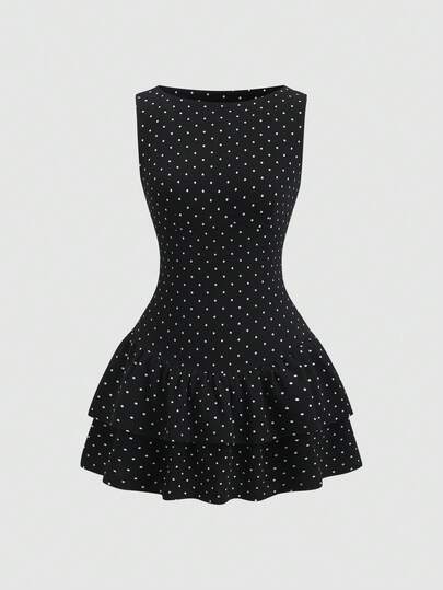 Sweetra Spring/Summer French Retro Polka Dot Romantic Sleeveless Cinched Waist Double Ruffle Hem Elegant Commuter Dress For Women
