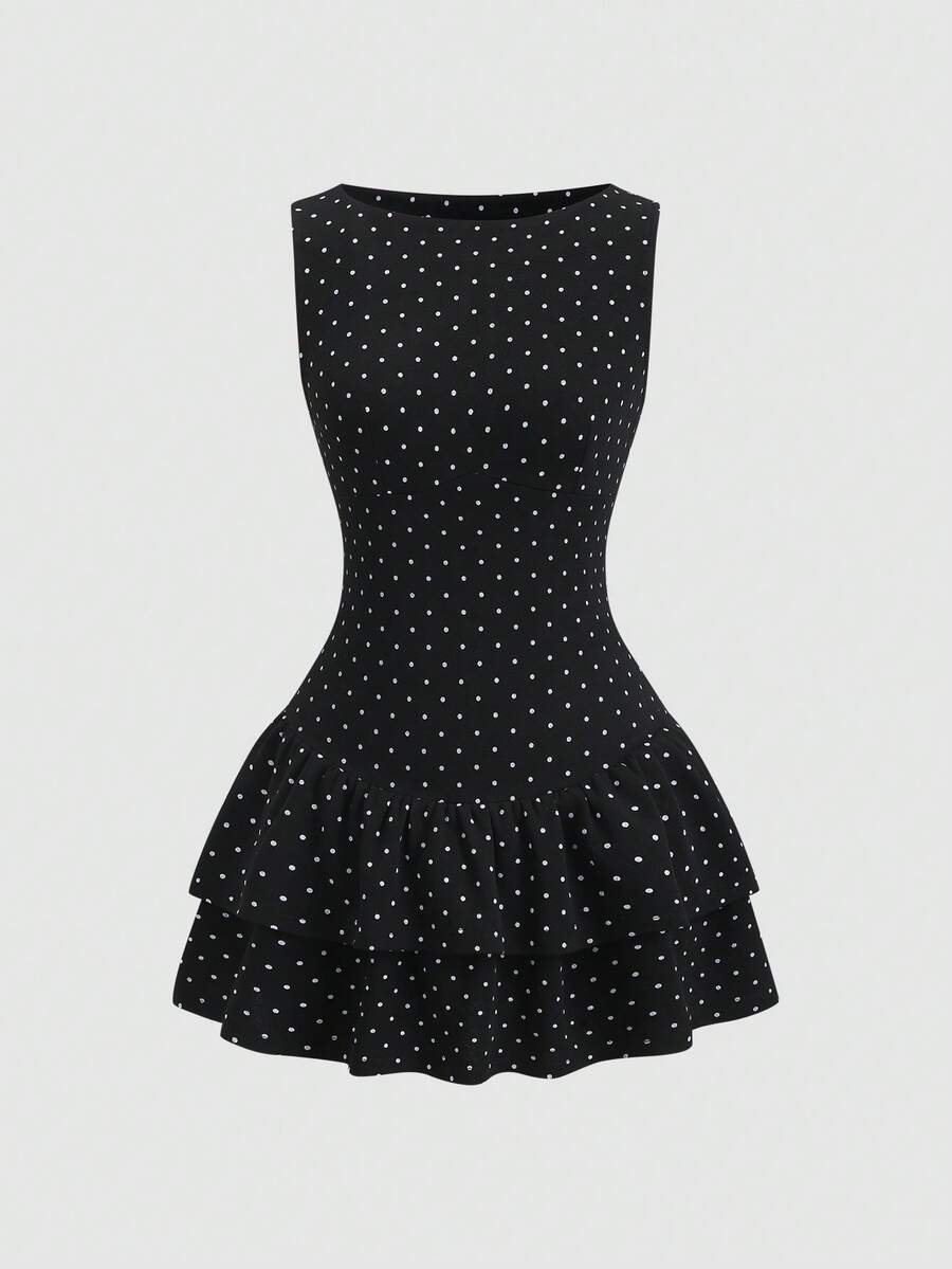 Sweetra 春夏法式复古波点浪漫无袖收腰双层荷叶边下摆优雅通勤连衣裙 - 黑色 - 查看 1