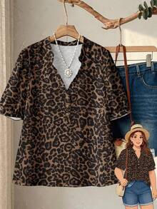 Rusticease Plus Size Women Casual Vintage Leopard Print Lantern Sleeve Shirt, Suitable For Summer - Multicolor - View 3