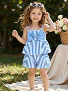 SHEIN Elladie kids 女童（小号）蓝色条纹蝴蝶结装饰吊带背心和短裤套装，清爽舒适的夏季服装 - 淺藍色 - 查看 8