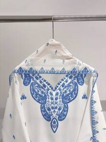 GlowEve Bộ 2 món gồm váy dài tay dáng rộng màu trắng in hoa xanh dương, kèm khăn choàng, dành cho nữ. - Nhiều màu - Xem 3