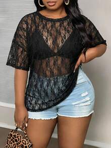 Slaydiva Camiseta de manga corta con cuello redondo de encaje negro y talla grande para mujer, de estilo casual, romántico y sexy, adecuada para el verano, festivales de música y fiestas - Negro - Ver 4