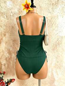 Swim Lushoire Plus Size 2pcs Solid Color Tankini Swimsuit Set, Wide Strap Top With Drawstring Bottom, Pleated Casual Minimalist Mature Plus Size Swimwear - Green - View 8