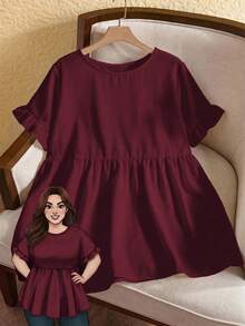 Rusticease Plus Size Women Round Neck Ruffle Trim Short Sleeve Blouse, Summer Office Burgundy Casual Formal - Burgundy - View 1