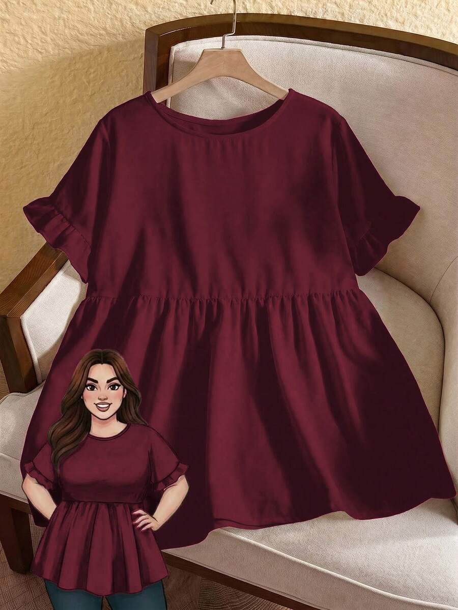 Rusticease Plus Size Women Round Neck Ruffle Trim Short Sleeve Blouse, Summer Office Burgundy Casual Formal - Burgundy - View 1
