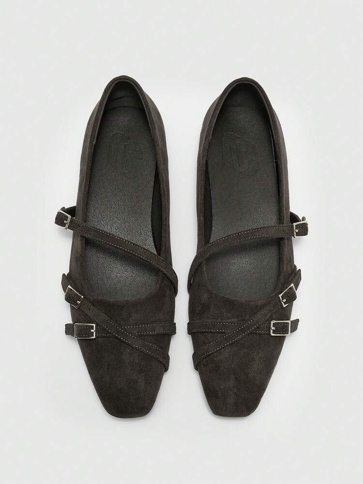 CUCCOO BIZCHIC Women Shoes Women's Square Toe Flat Bottom Dark Green Suede Multiple Strips With Low Vamp, Slip-On Stylish And Comfortable Mary Jane Shoes Daily Versatile Commuter Women's Flat Bottom Shoes Women's Shoes