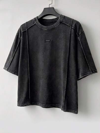 Manfinity Unisex Camiseta de manga corta casual y holgada para hombre, talla estándar, color negro, con pliegues lavados