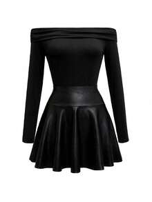 GlowEve 秋冬新款法式优雅女士时尚针织弹力亮面露肩褶皱修身T恤+弹力腰A字迷你裙两件套，百搭 - 黑色 - 查看 4