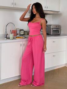 ZzzCrew Women's Satin Lace Trim Camisole And Wide Leg Pants Sleepwear Set - Hot Pink - View 2