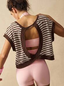 VARSIVA Tops de mujer para hacer ejercicio, camiseta y top deportivo de moda a rayas, adecuado para el verano - Café integral - Ver 7