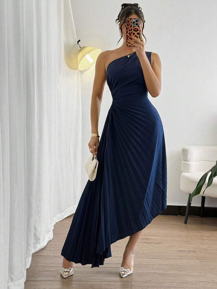 Vestido midi plisado de unicolor sin mangas con dobladillo asimétrico, elegante para el verano - Azul Marino - Añade 4