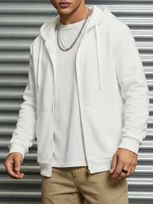 EURMUSE Cotton Men's Zipper Cardigan Style Hooded Sweatshirt With Drawstrings, Thermal Lined - White - View 3