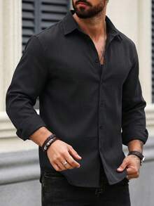 Men's Long Sleeve Button-Down Relaxed Fit Linen-Blend Shirt - Black - View 5