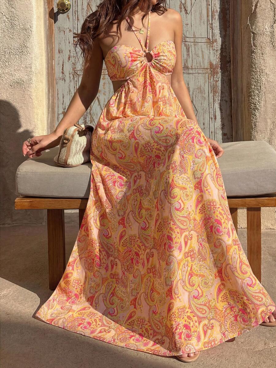 Sunnyshic Đầm ôm sát eo không dây màu đỏ đào in họa tiết Paisley dành cho nữ, kiểu dáng gợi cảm phù hợp cho kỳ nghỉ biển ở châu Âu và Mỹ. - Nhiều màu - Xem 1