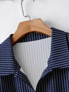 SHEIN CURVE+ Plus Size Casual Commuter Striped Shirt Fall - Blue - View 3
