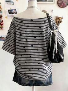 Lalippa Women's Casual Striped & Star Print T-Shirt, Summer - Black - View 2