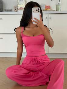 ZzzCrew Women's Satin Lace Trim Camisole And Wide Leg Pants Sleepwear Set - Hot Pink - View 6