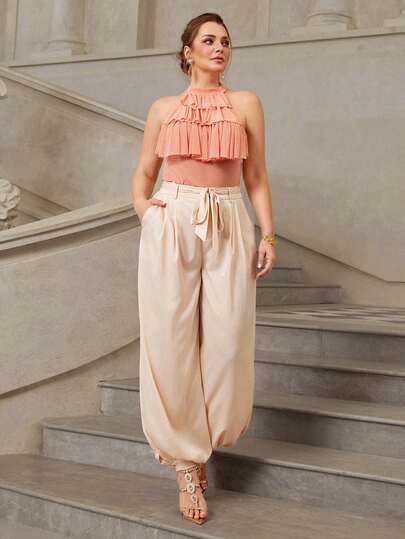 VOLUPTÉ CURVE Pantalones holgados de satén ligero con cordón, de estilo minimalista, para uso casual en primavera/verano, versátiles para el trabajo, el ocio y el uso diario, talla grande