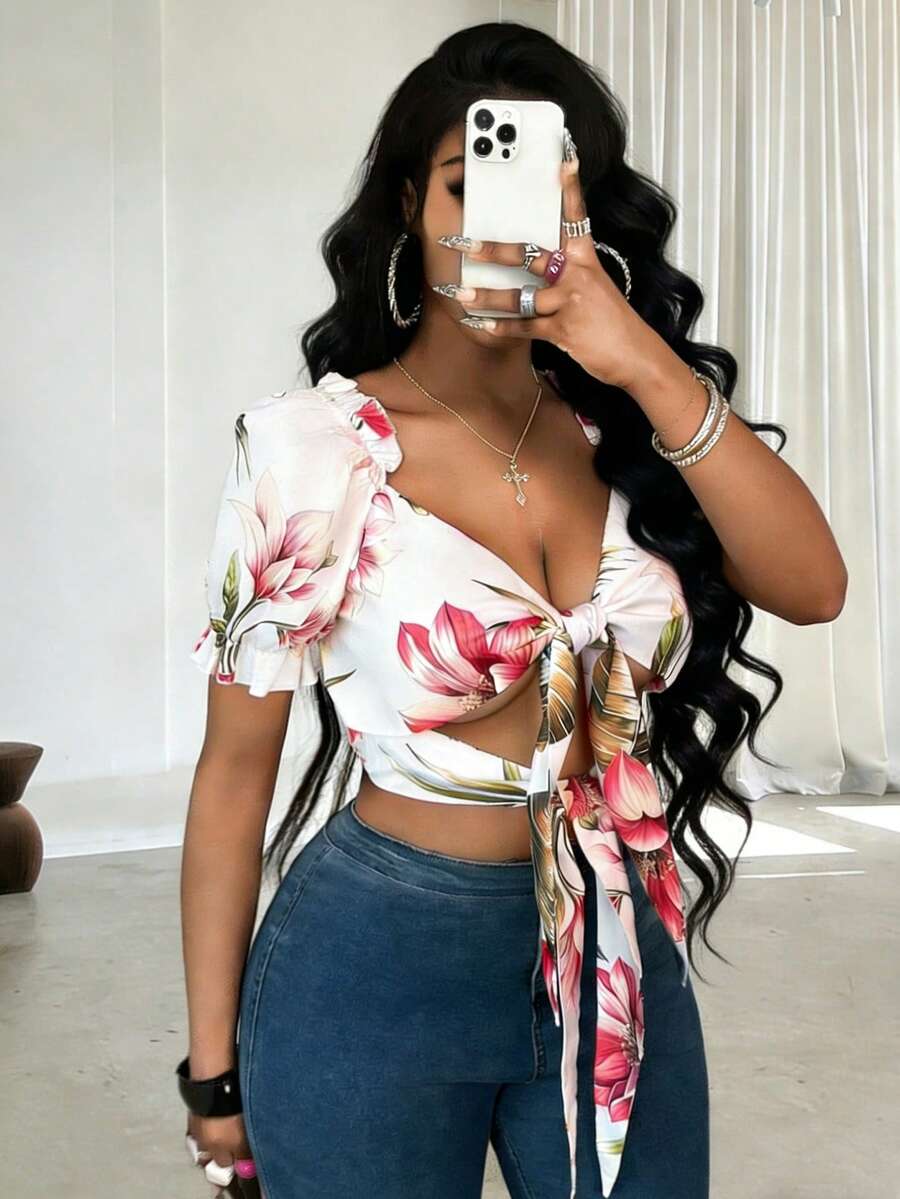 Vavine White Floral Print Ruffle Trim Short Sleeve Tie Front Cropped Top, Summer Boho Beach Vacation Holiday Brunch For Women - Multicolor - View 1