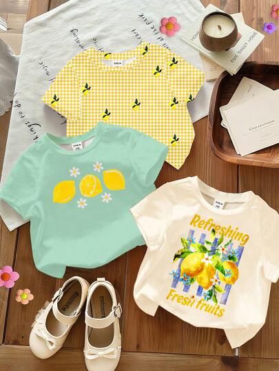 3 piezas Camisetas casuales y lindas para bebé niña con estampado a cuadros y de limón, camisetas con estampado floral y de limón, adecuadas para salidas, primavera/verano, vacaciones casuales, fines de semana en la playa, conjuntos adorables de verano para niña bebé, estilo coreano, ropa de verano, ropa de verano para niña bebé