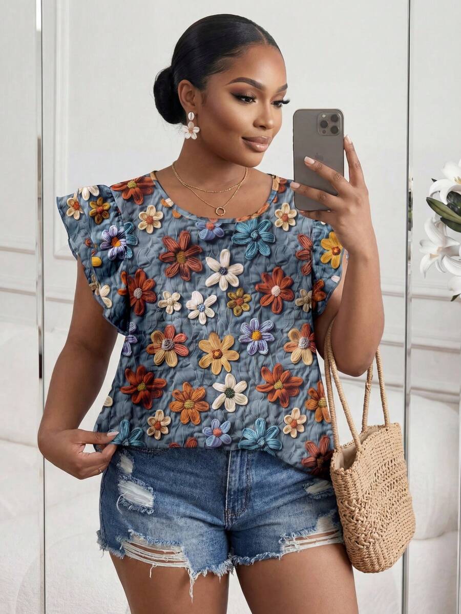SHEIN Lady CURVE Camicia ampia da donna stile casual ed elegante, stile retrò vacanziero, con motivo floreale tropicale in lana sintetica, collo tondo, doppio strato, maniche corte, adatta per l'estate - Blu - Visualizzare 1