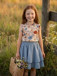 Emery Rose Kids Emery Rose Kids Conjunto de 2 peças para meninas: blusa casual floral miúda e minissaia em tecido plano. Vestidos infantis para meninas, roupas de verão estilo boho para adolescentes, vestidos casuais para meninas, vestido curto para meninas. - Azul - Ver 2