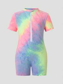 SHEIN 女童纯色针织高领半拉链修身连体运动服 - 彩色 - 查看 3