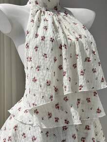 Elamini 白色泡泡褶皱粉色碎花露背系带荷叶边无袖上衣，甜美可爱，适合夏季休闲、约会、度假、海滩、日常穿着。 - 白色 - 查看 5