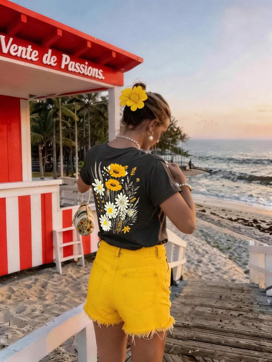 DrmWander Ropa de vacaciones, primavera y resort para mujer, blusas con estampado de flores primaverales para mujer, blusas cortas con mangas lindas, camisetas gráficas vintage, camisetas vintage para mujer, camisas con flores - Gris Oscuro - Ver 1