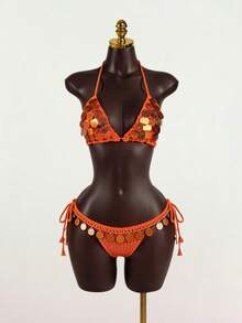 SaltGleam SaltGleam Áo thun dệt kim cổ yếm đính sequin dành cho nữ, thích hợp cho kỳ nghỉ hè ở bãi biển. - Màu Cam cháy - Xem 5