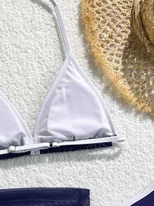 SHEIN 少女海军蓝白撞色比基尼套装，包含三角上衣、三角泳裤和网纱裙，面料柔软亲肤，适合游泳、海滩、泳池和夏季度假。 - 藏蓝色 - 查看 4