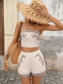 Brillora Bộ đồ nữ phong cách Bohemian thêu hoa gồm áo hai dây và quần short, thích hợp cho kỳ nghỉ và đi biển. - Màu Khaki - Xem 7