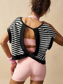 VARSIVA Tops de mujer para hacer ejercicio, camiseta y top deportivo a rayas de moda, adecuado para el verano - Blanco y Negro - Ver 6