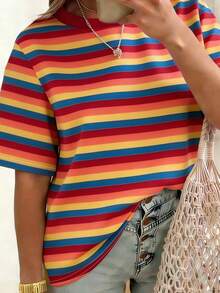 EMERY ROSE Women's Striped Short-Sleeved T-Shirt, Casual Outdoor Wear, Lounge Wear - Multicolor - View 3