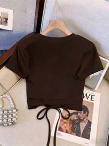 Resyla Setelan Atasan Lengan Raglan Leher Bulat Pendek dan Celana Panjang Lurus dengan Saku Miring - Coklat - View 2