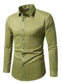 Manfinity Mode Men's Solid Color Single-Breasted Casual Shirt, Formal, Ceremony - Green - View 4