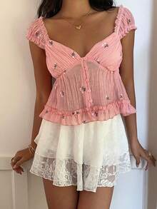 SHEIN PETITE Áo kiểu nữ màu hồng tay ngắn, ngọt ngào, dễ thương, thoải mái, thích hợp cho kỳ nghỉ, hàng ngày, thời trang, chất liệu chiffon, thêu họa tiết, phối bèo nhún, kiểu mở phía trước, thích hợp cho mùa xuân/hè. - Nhiều màu - Xem 5