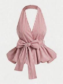 2026 New Arrival Women's Wrap-Style Halter Top With Bow Tie Detail, Classic Striped Pattern - Versatile For Casual Daily, Office Commute, Relaxed Vacation Wear Pink Wrap Tops For Women Picnic Outfits For Women Summer Outfits For Women Halter Capri Brunch Outfits For Women 2 Piece Halter Tops For Women - Multicolor - View 4