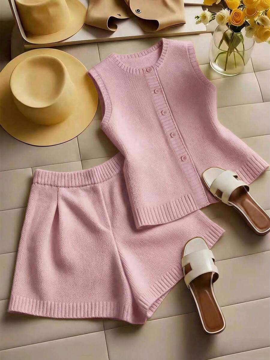 GlowEve Women's New Retro Single-Breasted Round Neck Solid Color Knit Sweater Vest Cardigan, Versatile Shorts Daily Outfit, 2-Piece Sweater Set - Pink - View 1