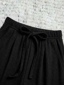 WovenCharm Women Waffle Fabric Wide Leg Lounge Pants - Black - View 3