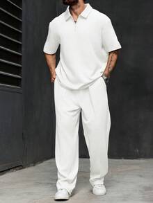 Manfinity Homme Plus Size Men's Solid Color Short Sleeve Polo Shirt And Casual Pants Set - White - View 6