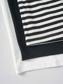 SHEIN LUNE 3pcs/Set Casual Black & White Striped Fabric Plus Size Women Round Neck T-Shirts, Suitable For Summer, Vacation - Multicolor - View 3