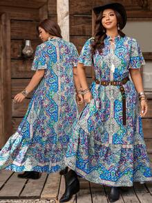SHEIN LUNE Robe imprimée à manches mi-longues de style bohème pour grandes tailles, robe ample à volants et manches courtes de style bohème, design à volants et col noué, robe à volants et imprimé cachemire à manches longues, convient pour le port décontracté au printemps et à l'automne - Multicolore - Voir 8